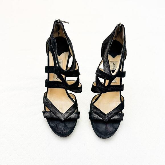 Jimmy Choo Black Suede Strappy Sandals Stiletto Heel Metallic Black Size 39 US 9 - Picture 1 of 7